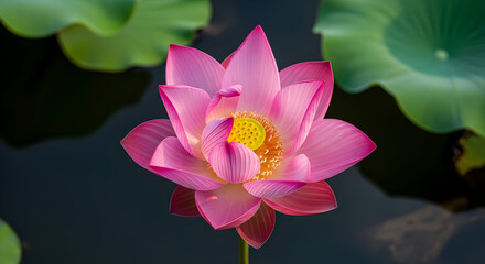 Pink Lotus Flower Blooming on Water with Green Leaves Natural Pond Scene