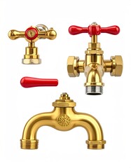 Assortment of golden faucets, valves, and handles