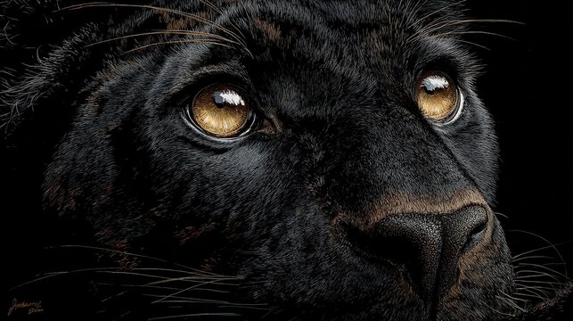 Close-up of black leopard with golden eyes digital airbrushing illustration, dark background glossy light shadow effect, hyper-realistic isolated black background material
