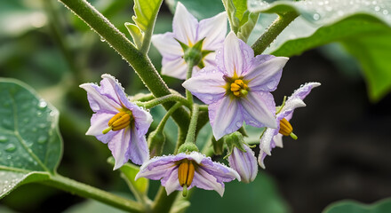 Purple Eggplant Flowers Blooming on Green Plant in Garden