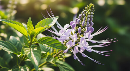 Purple Flower with Green Leaves Sunlit Garden Scene