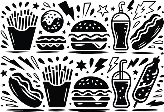 Fast food with playful doodles and lightning bolts , fast food, burger, french fries, hot dog, soda, 