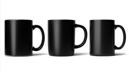 Three stylish black mugs displayed on a white isolated background, perfect for branding or coffee shop themes.
