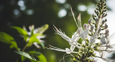 White Flower Blooming in Bright Sunlight with Green Leaves in Natural Environment