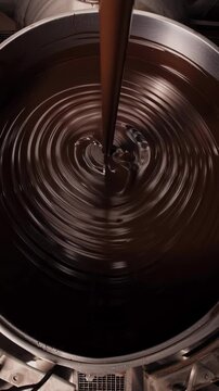 Thick, dark chocolate swirls in a metal vat as it's poured