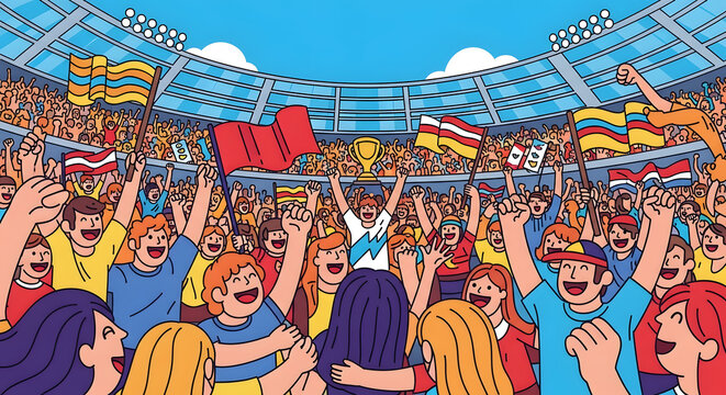 Jubilant crowd celebrating championship victory inside massive stadium waving vibrant flags hand drawn flat vector illustration of enthusiastic fans cheering success during sports event