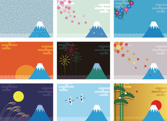日本の富士山と青海波と四季の風景・風物詩・行事のイラスト