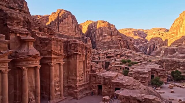 Ancient city of Petra Jordan carved into sandstone cliffs, cinematic drone footage