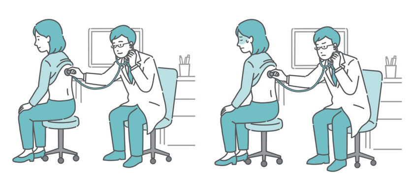 白衣を着用した男性医師による女性の背中の聴診イラストセット（正常・異常/体調不良）