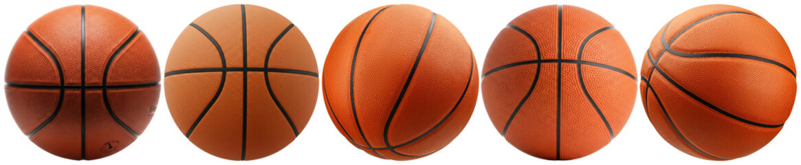 a compelling series of high-quality 3d renders depicting various basketballs from different angles, isolated for use.