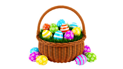 A vibrant collection of colorful Easter eggs in a wicker basket