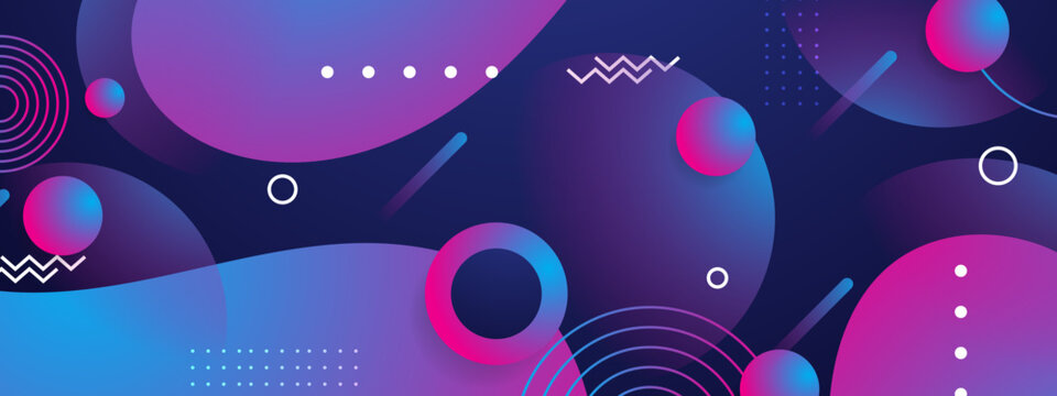Trendy dark blue composition with purple fluid blobs and glowing neon pink 3D spheres