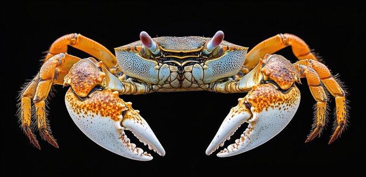 Close-up portrait of an orange and white crab with raised pincers against a black background, poised and alert with a detailed, confrontational expression