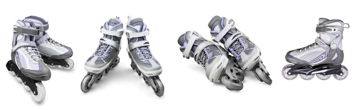 various views of modern grey and purple inline roller skates, professional athletic footwear for street and leisure skating, isolated on a transparent background.