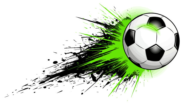 Dynamic soccer ball bursting through vivid green and black paint splash in action concept.