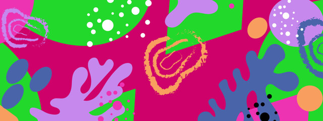 Energetic and bold color block composition with neon green accents and hand drawn swirl details