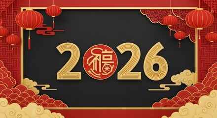 Elegant 2026 Lunar New Year design with gold numerals, red lanterns, and ornate symbols of prosperity.