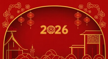 Festive 2026 Chinese New Year design with gold lanterns, floral accents, and stylized red architecture.