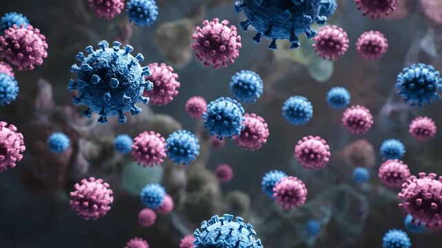 3D rendered visualization of multiple microscopic spherical forms with spikes