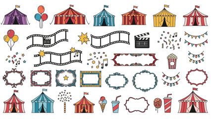 Fun fair and circus tents, party banners, movie elements, and festive decorations
