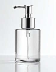 Obraz premium Clear glass bottle with chrome pump, minimalist