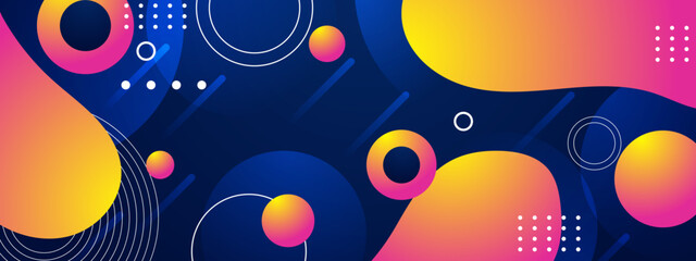 Obraz premium Abstract deep blue backdrop featuring vibrant yellow liquid shapes and geometric dots
