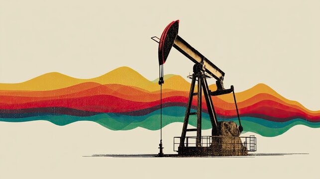 Oil Pump Jack Extracting Resources with Colorful Background Waves Illustrating Energy Production and Industry