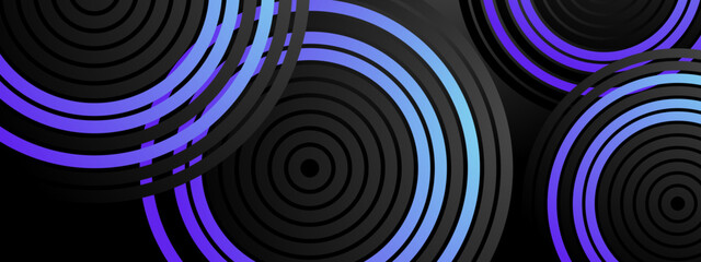 Dark abstract background featuring glowing purple and blue concentric circles in an orbital pattern © SyahCreation