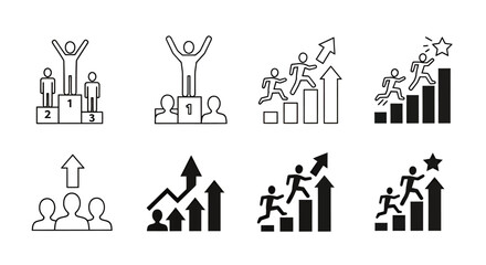Obraz premium Icons representing success, achievement, progress, and growth in business and personal development.