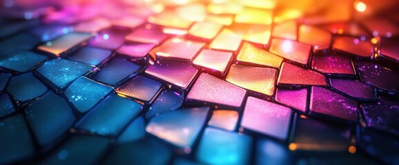 Fototapeta premium close-up glossy mosaic tiles in vibrant glowing blues pinks and gold with shimmering sparkles and bokeh, abstract luminous geometric pattern conveying dreamy futuristic warmth