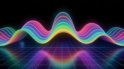 Neon wavy lines on grid background, colorful abstract design isolated on White Background