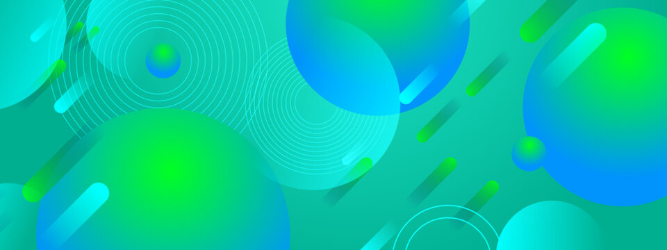 Vibrant teal and cyan abstract background featuring floating spheres and concentric rings for digital design