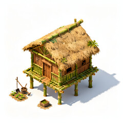 Isometric human hut for RTS game,wooden and bamboo house.