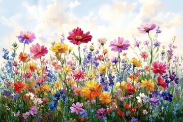 Obraz premium Vibrant wildflower meadow of multicolored blossoms and tall stems beneath a soft cloudy sky, bright and joyful summer floral scene
