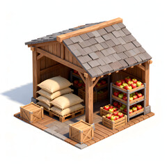Isometric human storehouse,
wooden warehouse with rice sacks and apple crates,
simple functional design,
fantasy RTS building,
top-down isometric view,
isolated on pure white background,
no characters