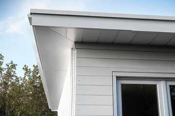 Fototapeta premium corner of a modern white house with overhanging roof, horizontal siding, window, green trees and a calm blue sky conveying a clean peaceful mood