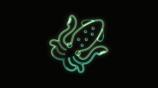 Squid Icon Neon Seamless Loop 4K with Black Background Animated Promotional Typography for Video Editing