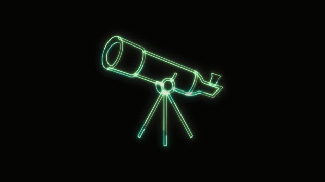 Telescope Icon Neon Seamless Loop 4K with Black Background Animated Promotional Typography for Video Editing