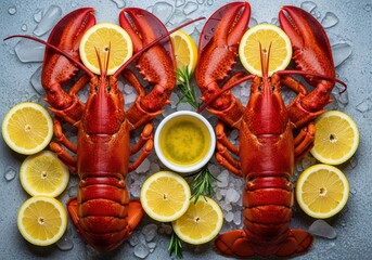 Two red lobsters with lemon slices and melted butter on a gray surface with ice and water droplets
