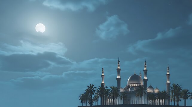 Grand mosque with minarets under full moon and night sky