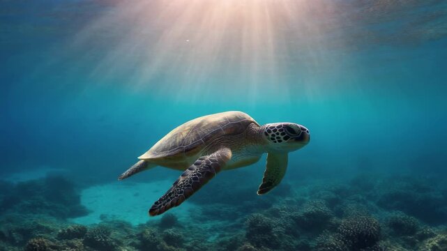 Green sea turtle swimming gracefully underwater in tropical ocean with sun rays shining through surface