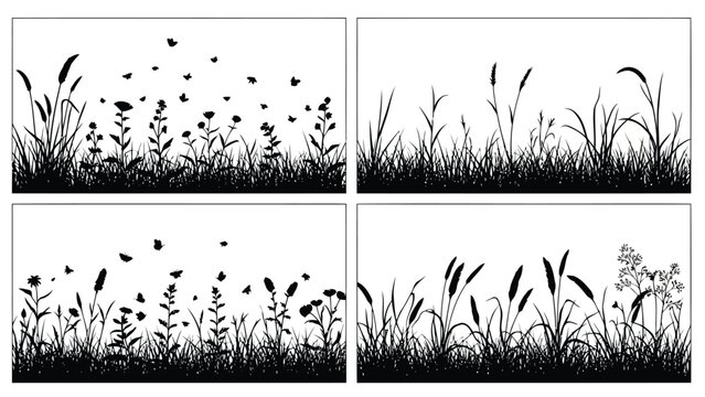 A minimalist quadriptych depicting black silhouettes of grasses wildflowers and flying birds