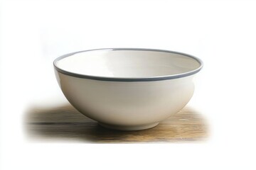 minimal white ceramic bowl with thin gray rim on wooden table under soft studio lighting, calm serene minimalist still life