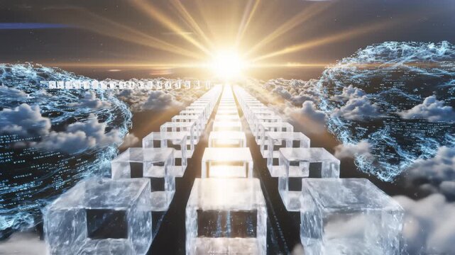 Cubes Advance Through Sky Over Clouds Toward Light Source Animation