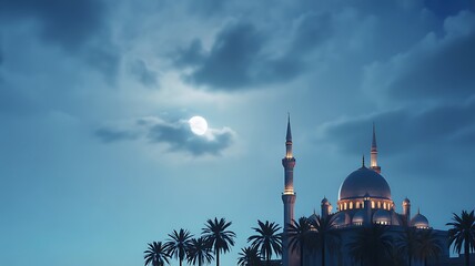 Mosque building under full moon at night with palm trees
