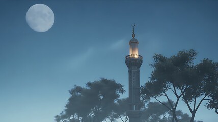 Minaret tower illuminated under large full moon at night
