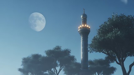 Mosque minaret glowing with lights beneath full moon night sky