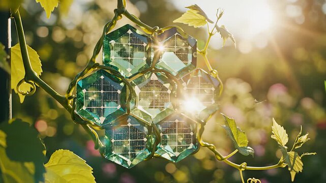 Solar Cell Grapes Growing on Vine With Green Leaves in Sunlight