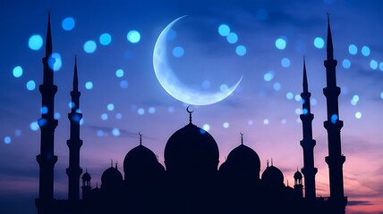 Mosque silhouette under blue crescent moon and bokeh lights