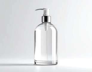 Clear glass bottle with pump, shadow on a white surface